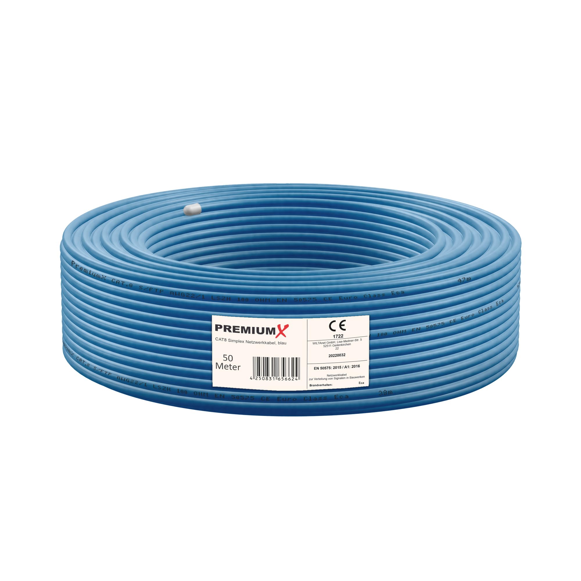 Premium X Câble réseau LAN CAT 8 de 50 m - Câble d'installation Ethernet Cat8 - 40 Gbit/s - AWG 23 - En cuivre pur S/FTP PiMF PoE - Classe Eca - Câble de données Simplex - Bleu