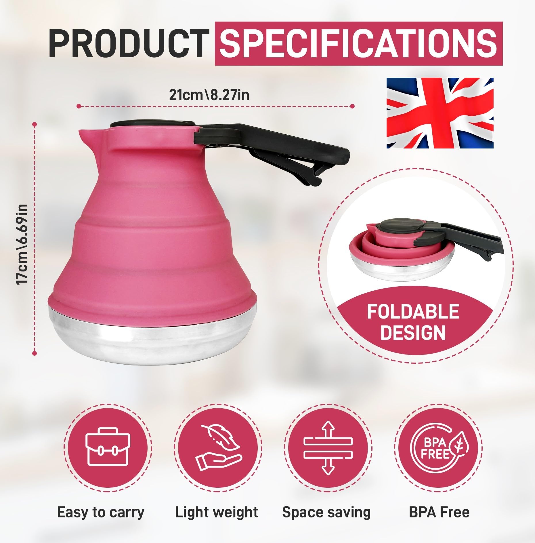 Heather Bollitore da campeggio pieghevole in silicone, 1,5 l, bollitore pieghevole per acqua bollente, piccolo bollitore portatile in silicone per fornello a gas, pentola da campeggio, caravan, rosa