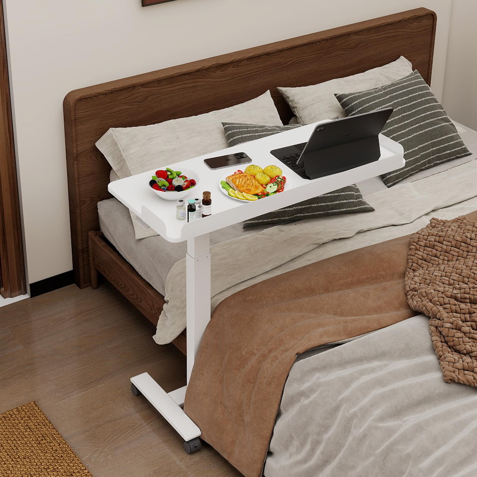 PUNCIA Table de Lit allongée de 90cm avec 4 Roues Bureau Debout (Blanc)
