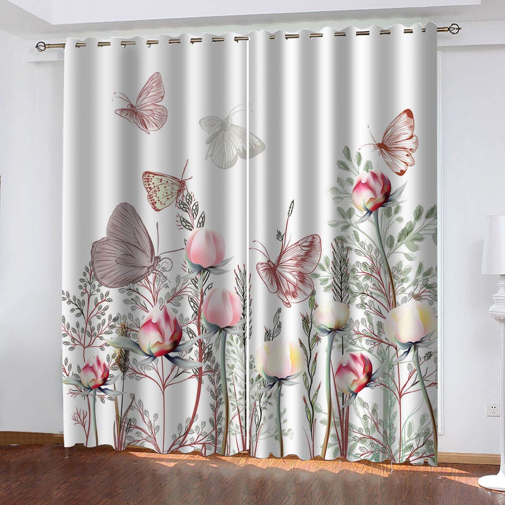 MAYNUO Rideaux Thermiques Isolants Anti Froid, Rideaux Fleur Rose Papillon Moderne 3D Imprimé Motif 200x160 Cm Rideau Occultants À Oeillets pour Chambre, Rideau Salon, Maison Chambre Fenetre