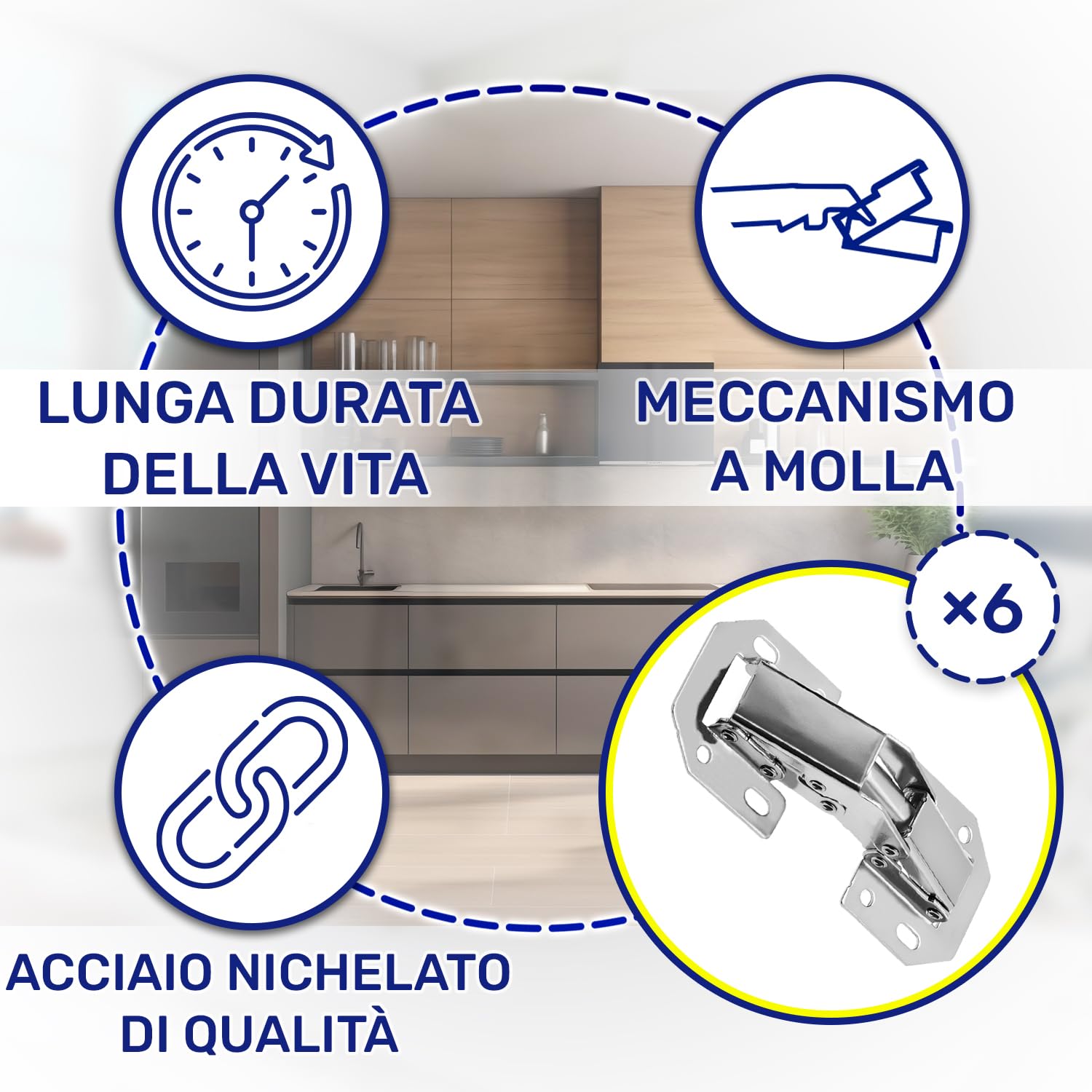 6 Pezzi Cerniere per Ante Cucina con Angolo di Apertura di 90° - Cerniere per Mobili con Molla a Pressione è Realizzata in Acciaio Nichelato - Garanzia di 10 Anni - MONTERAL