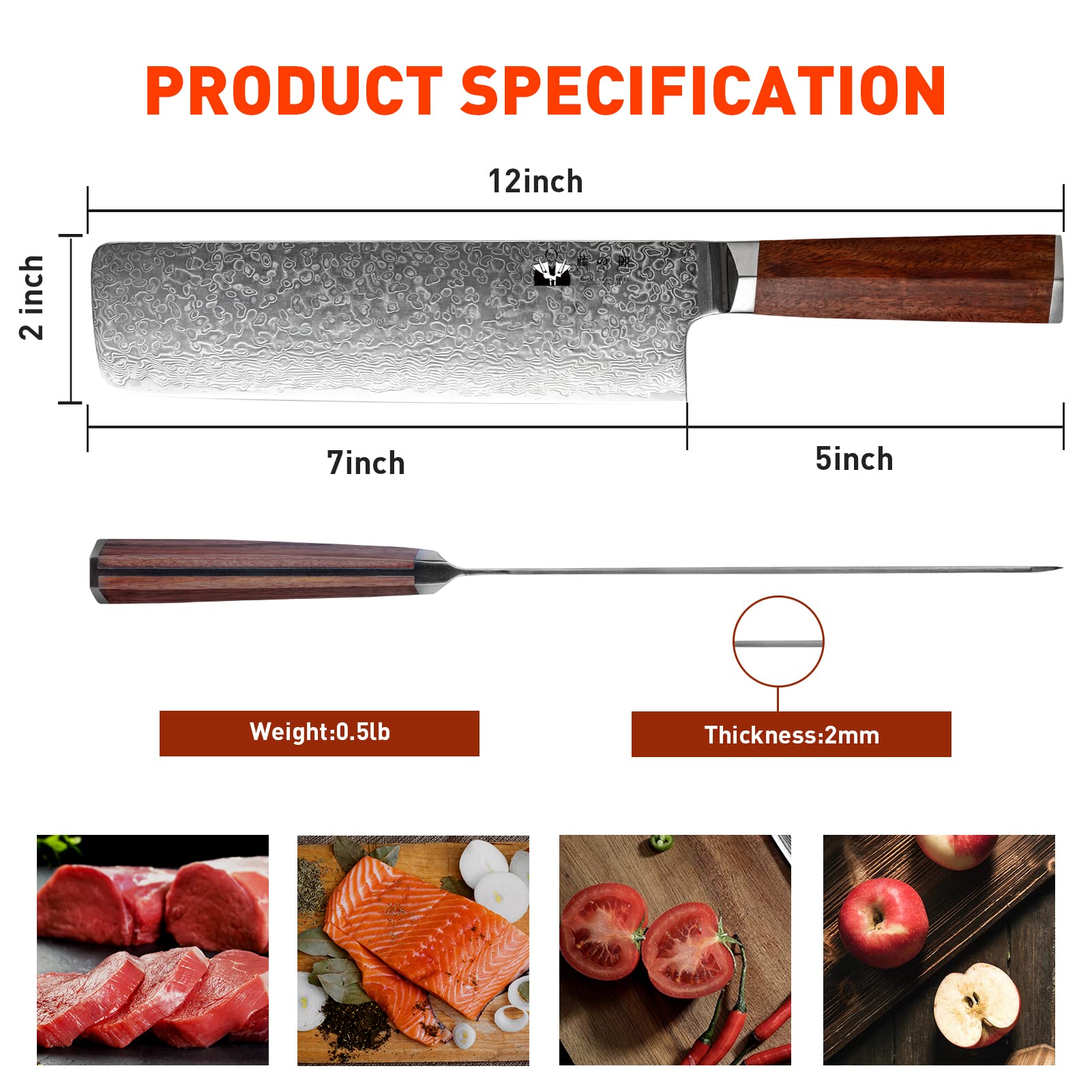 Nakiri Cleaver Knife 7 inch Damascus Steel Chinese Chef Knife VG-10 Steel 67-Layer Damascus Professional Vegetable Cleaver Chopper Full Tang Non-slip Natural Wood handle with Exquisite Box — Amazon image 7