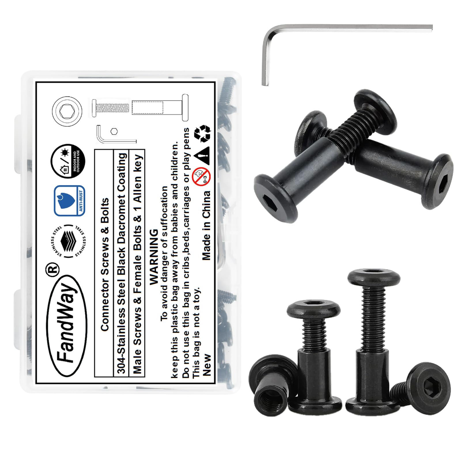 FandWay M6x40mm Connector Bolts 20 Set Furniture Connecting Screws,304 Stainless Steel Black Finish Binding Screws,Cabinet Furniture Bolts Sleeve Nuts With Allen Key For Bed Table Chair Worktop