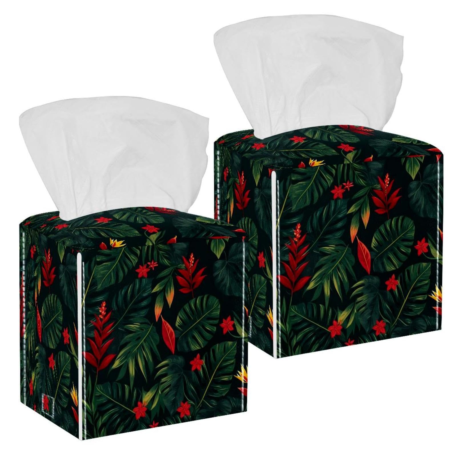 Artistic Leaves Tissue Box Cover, 2 Pack PU Leather Square Facial Tissue Dispenser Box holder for Home Office Car
