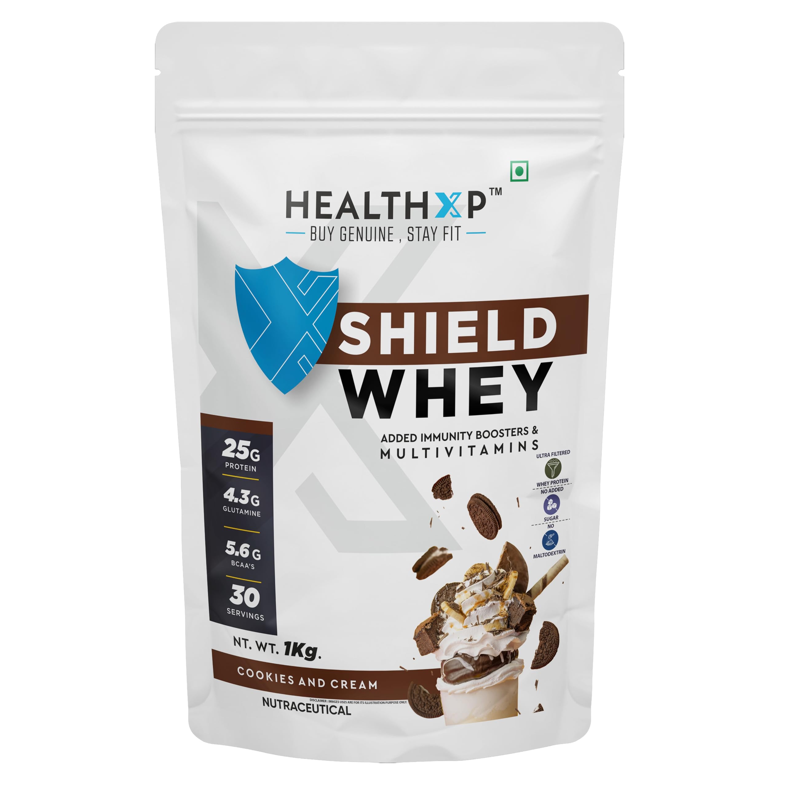 HealthXP Shield Whey Protein Powder [1Kg, Cookies & Cream] | 25g Protein | 12 Herbal Boosters | 5.6g BCAA | Immunity Booster and Muscle Recovery | Multivitamins | 30 Servings (B0C9QJ7VVH) Amazon Price History, Amazon Price Tracker