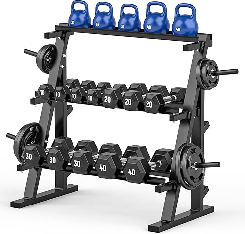 Estante ajustable para mancuernas, soporte para mancuernas de 3 niveles con capacidad de peso de 1100 libras, se adapta a platos de mancuernas,