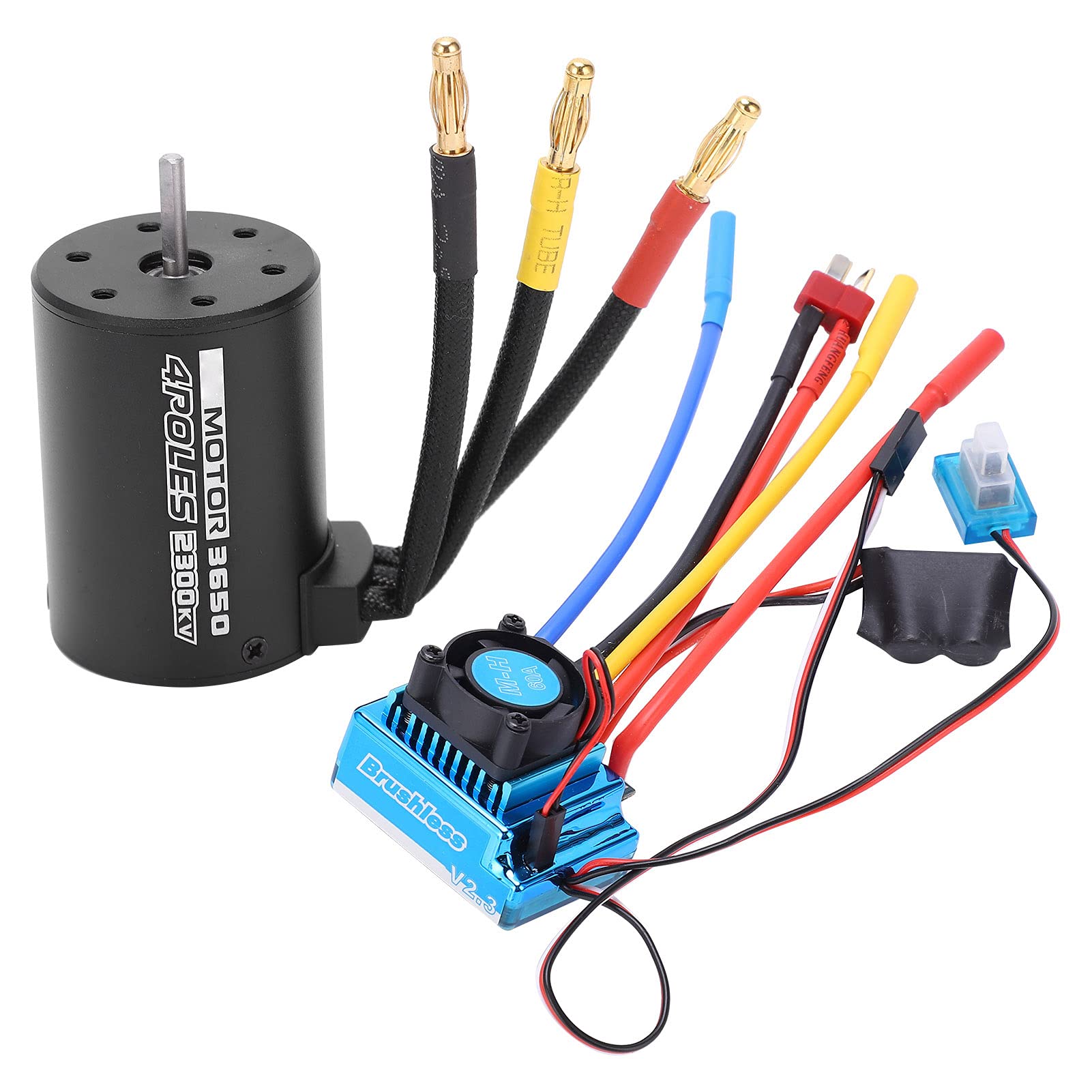 RC 3650 2300KV Motor Brushless Waterproof, 60A ESC Combo for 1/10 RC Car, 4 Poles High Torque 900W Motor with CNC Aluminum Heat Sink, Compatible with 2 - 3S LiPo