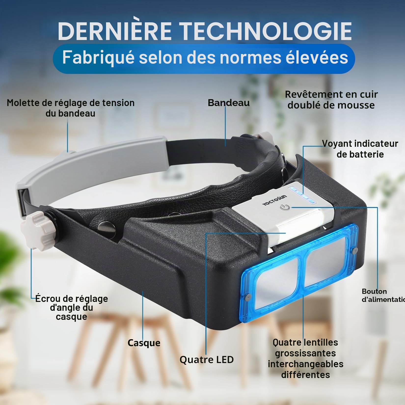 YOCTOSUN - Loupes avec lumière pour travail de près, loupe à bandeau rechargeable avec 4 verres 1,5X-3,5X, loupe mains libres avec visière pour bijoutiers, travaux manuels, loisirs