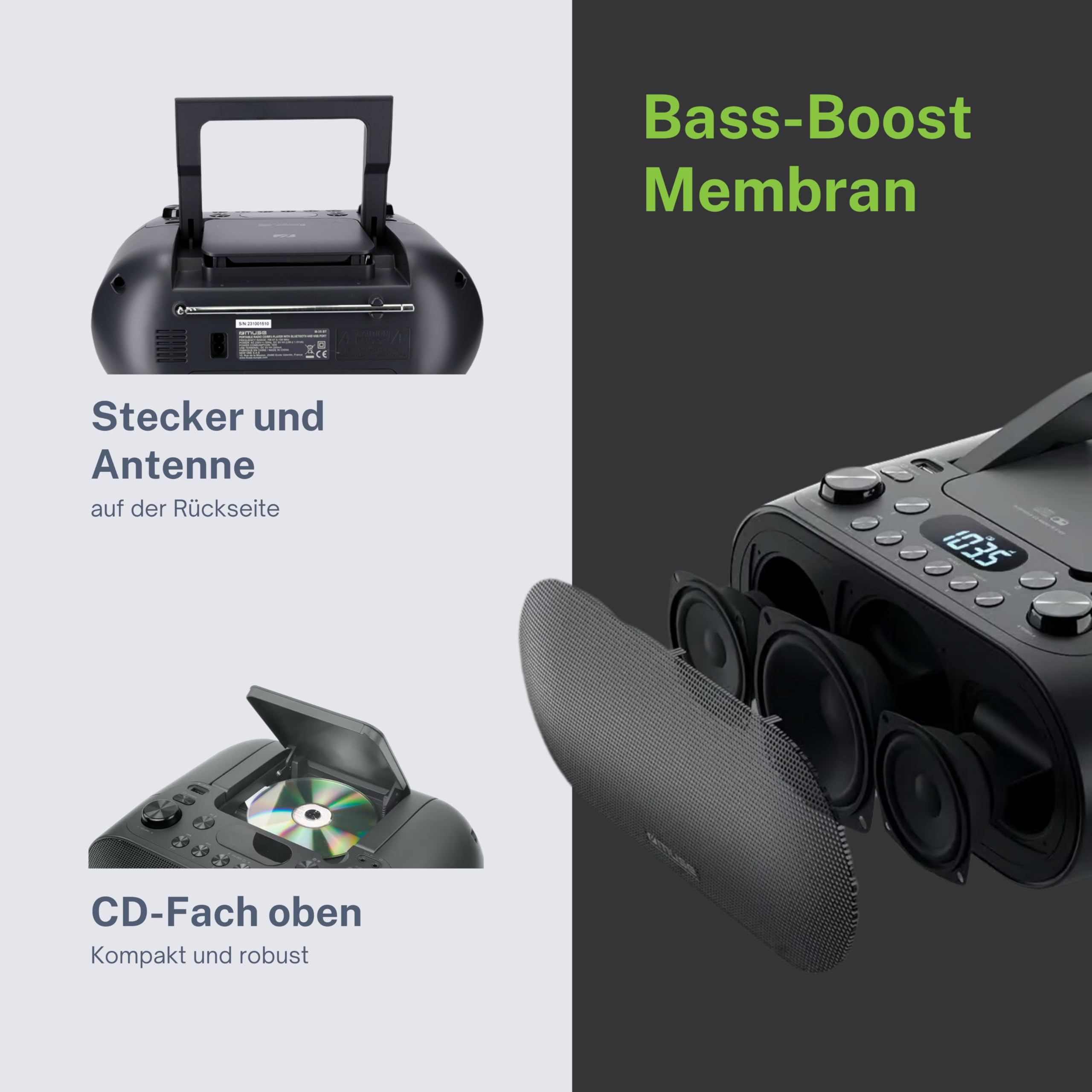 Muse M-35 BT odtwarzacz CD, Bluetooth, radio FM, odtwarzacz MP3, USB, sieć i zasilanie bateryjne, czarny