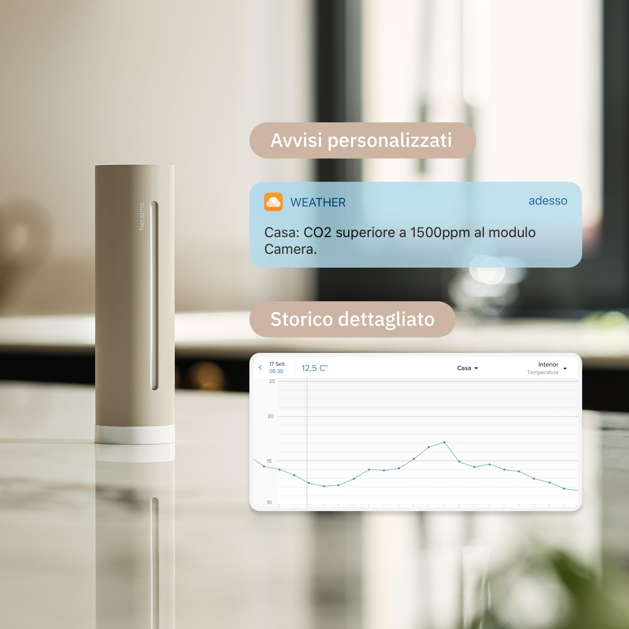 Netatmo Stazione Meteo ORIGINAL 2ª generazione | Interni & Esterni | Temperatura, Umidità, Qualità aria, UV, Pollini, Previsioni Meteo | Compatibile Apple Home, Alexa, Google Home - Sabbia - NWS-S-EC