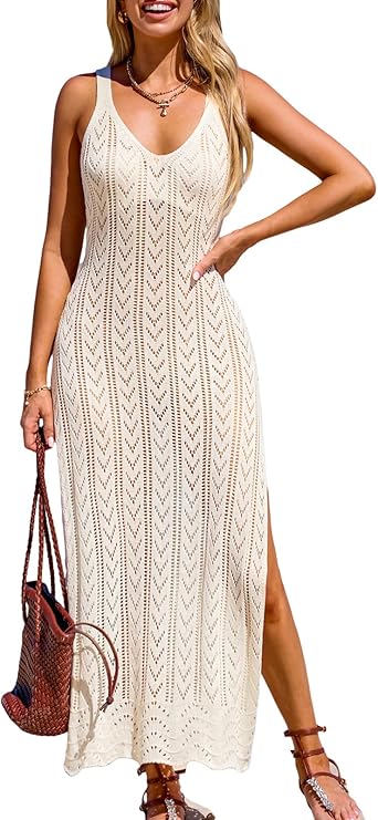 CUPSHE Women's Crochet Swimsuit Cover Up Maxi Dress, Sleeveless Mesh Beach Coverup, Split Maxi Dress, Bathing Suit Cover Up