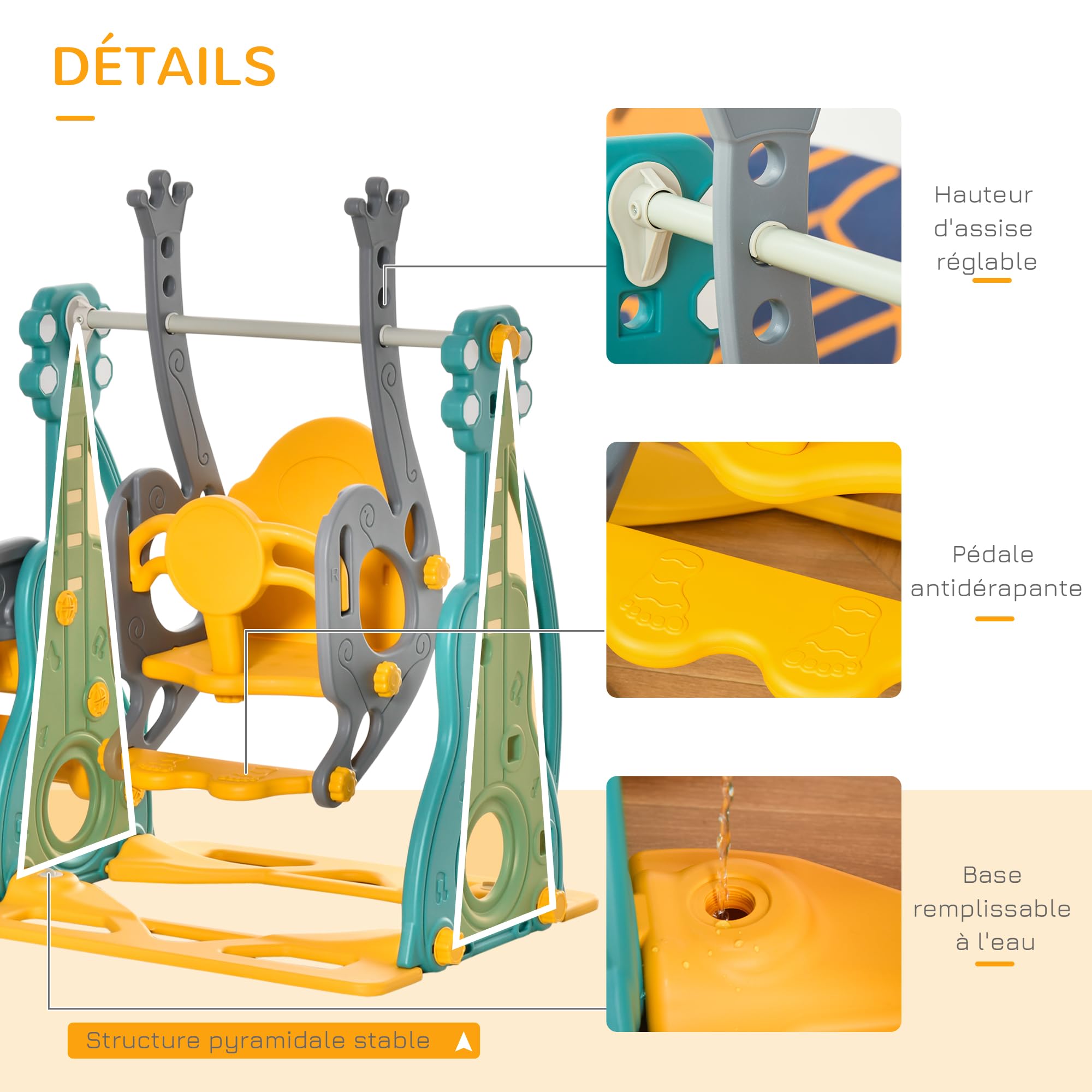 HOMCOM Toboggan Et Balançoire pour Enfants 4 en 1 Bleu Jaune | Aire de Jeux Pour Tout-Petits, Avec Panier De Basket, Siège Réglable En Hauteur, Extérieur et Intérieur