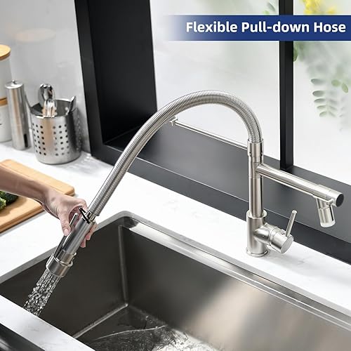 Miniatura 4 de Fapully Grifos de cocina con rociador extraíble, grifo comercial de fregadero de cocina de una sola manija con luz LED, níquel cepillado