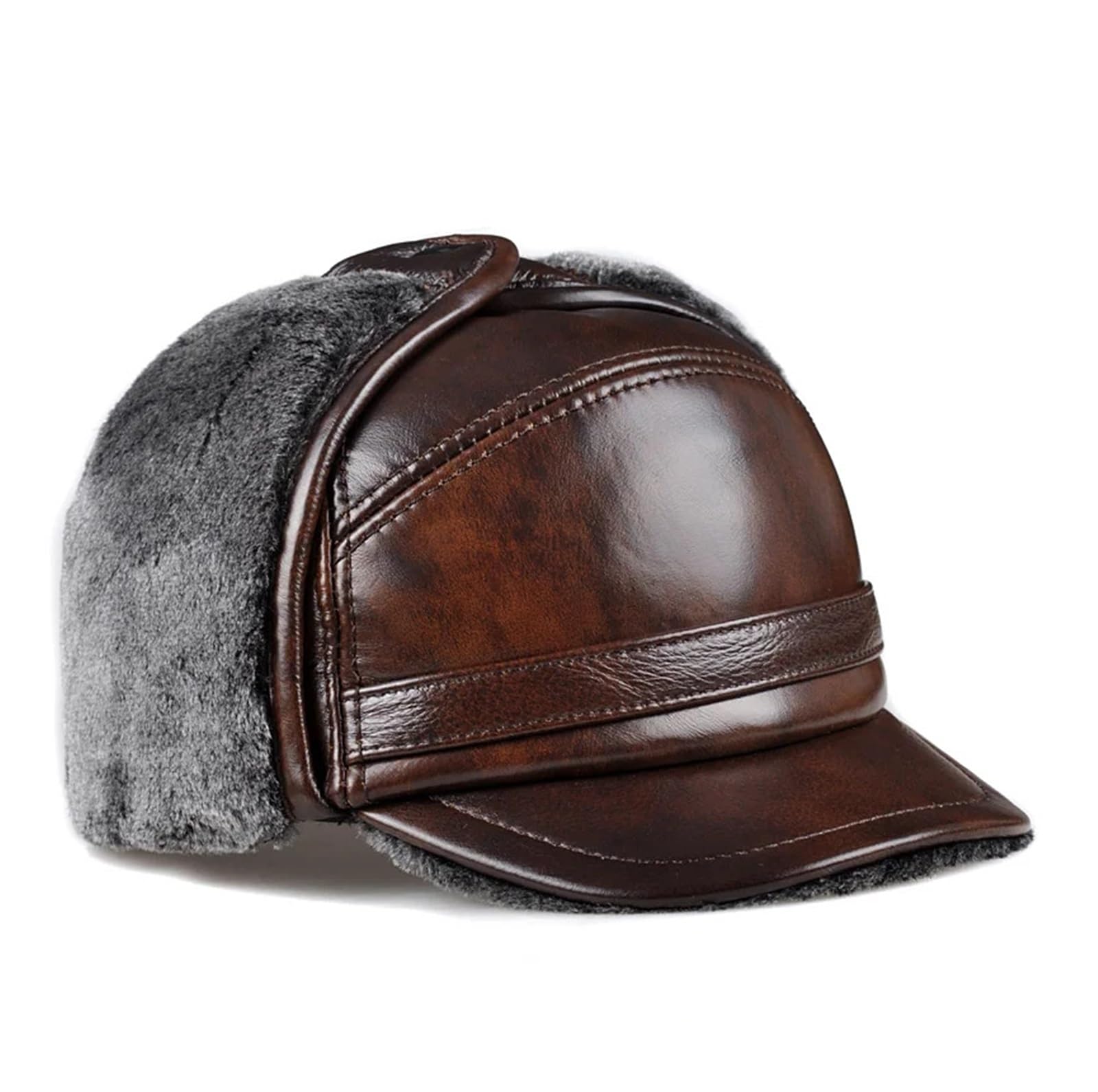 Male Winter Warm Ear Protection Bomber Hat Man Genuine Leather Faux Fur Inside Black/Brown Ultra Large Size 54-62cm Caps