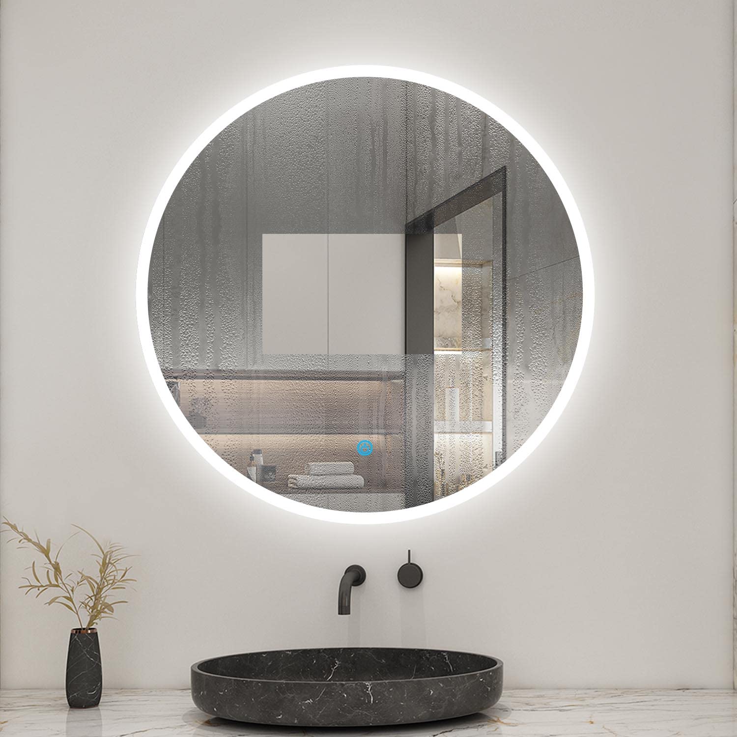 AICA Miroir Salle de Bain Rond 80cm Anti-buée +dimmable + mémoire, Miroir Lumineux LED