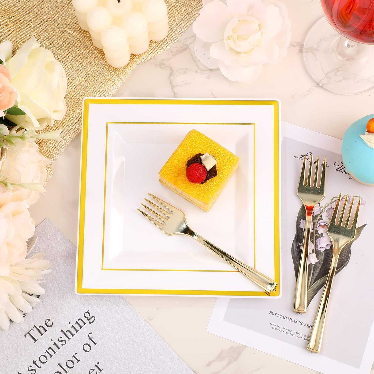 300 Pcs Square Plastic Plates with Forks Set Include 150 Disposable 6.5 Inch Dessert Plates Heavy Duty and 150 Plastic Appetizer Forks for 150 Guests Weddings Party Supplies(Gold) - Image 5