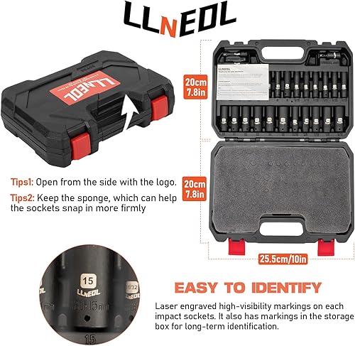 Miniatura 5 de LLNEDL Juego de llaves de impacto de 14 de pulgada, 83 piezas de llaves métricas y SAE de 0.15 a 0.59 pulgadas, 532-916 pulgadas, 6 puntos CR-V