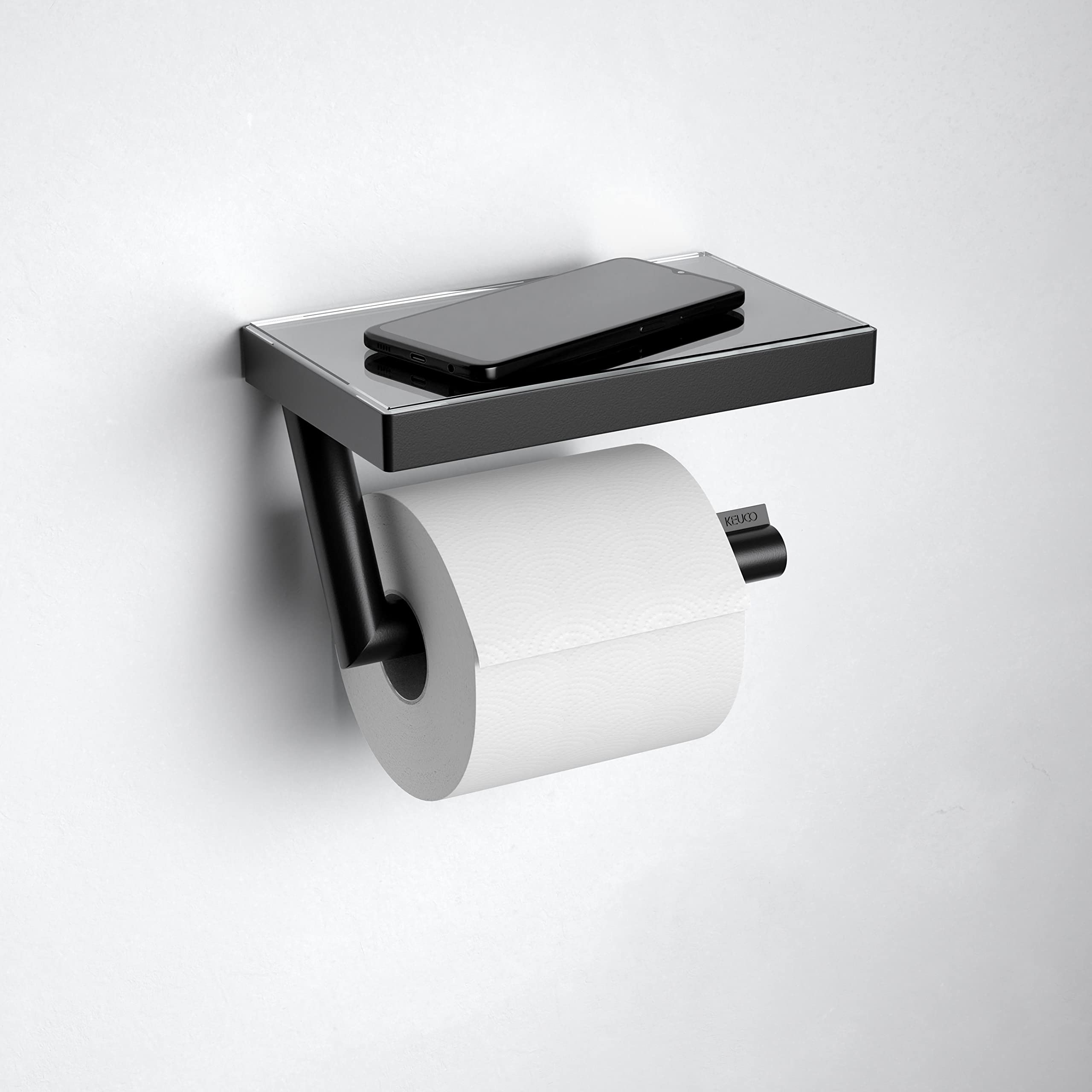 Keuco Reva Portarrollos, Forma Abierta, con repisa, Metal Negro | Made in Germany, orientable, incl. tornillos y tacos, soporte para papel higiénico para taladrar