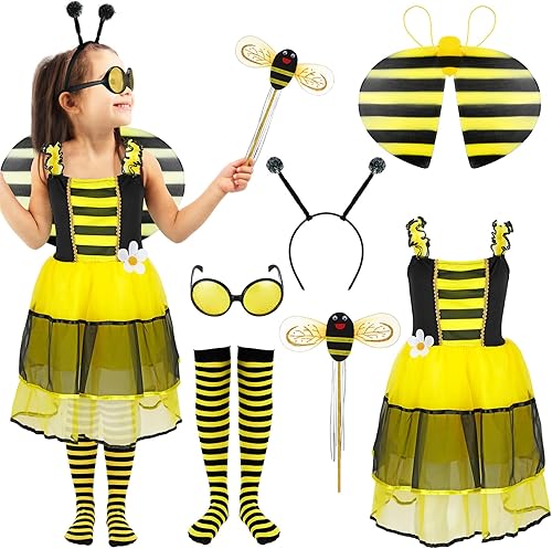 Disfraz de abeja para niñas, 6 piezas, con vestido tutú, alas de abeja, varita, diadema, calcetines y lentes para niños y niñas, Halloween