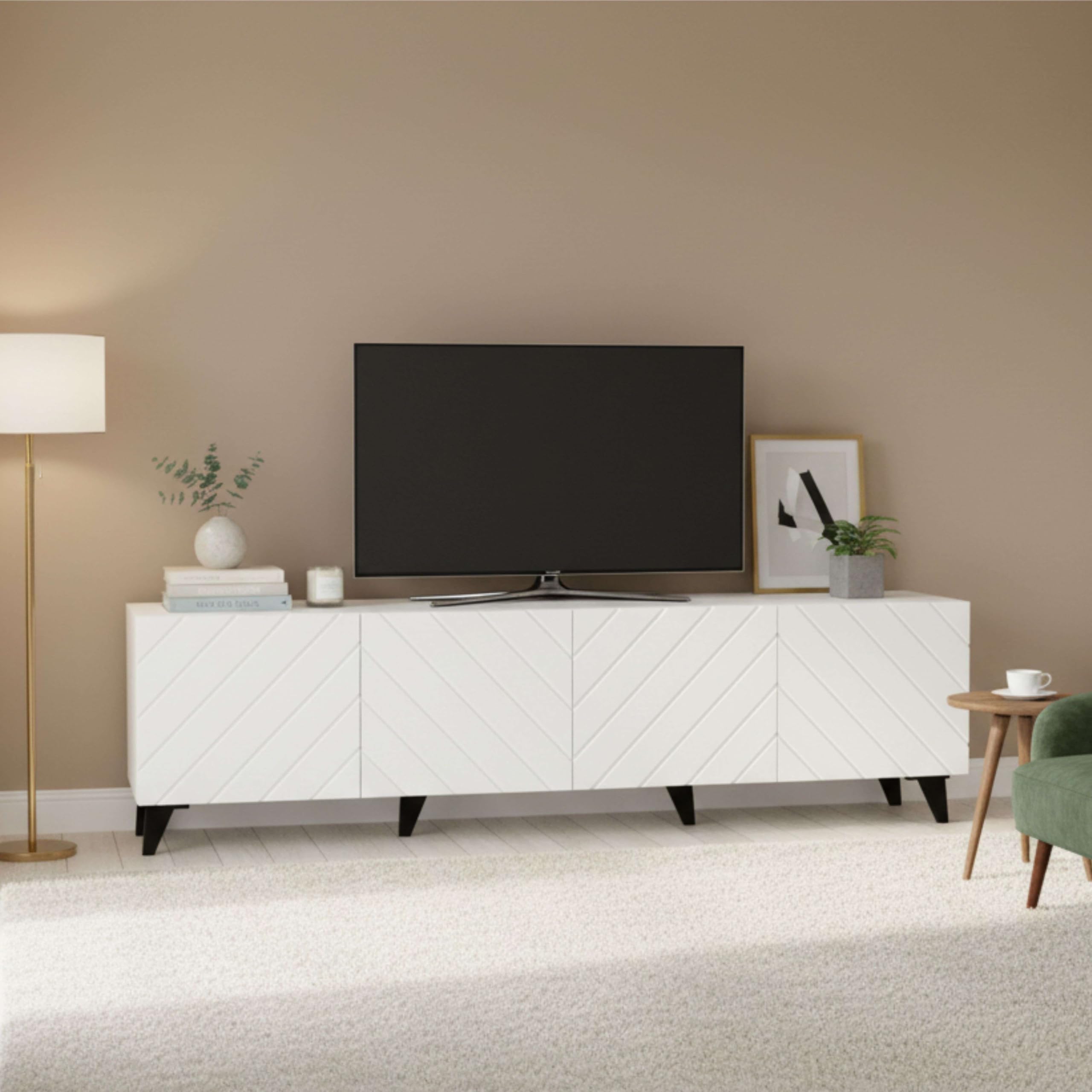 Miroytengo Mueble de TV de 4 Puertas 200 cm Mueble de Comedor Josi Salón Melamina Blanco Brillo