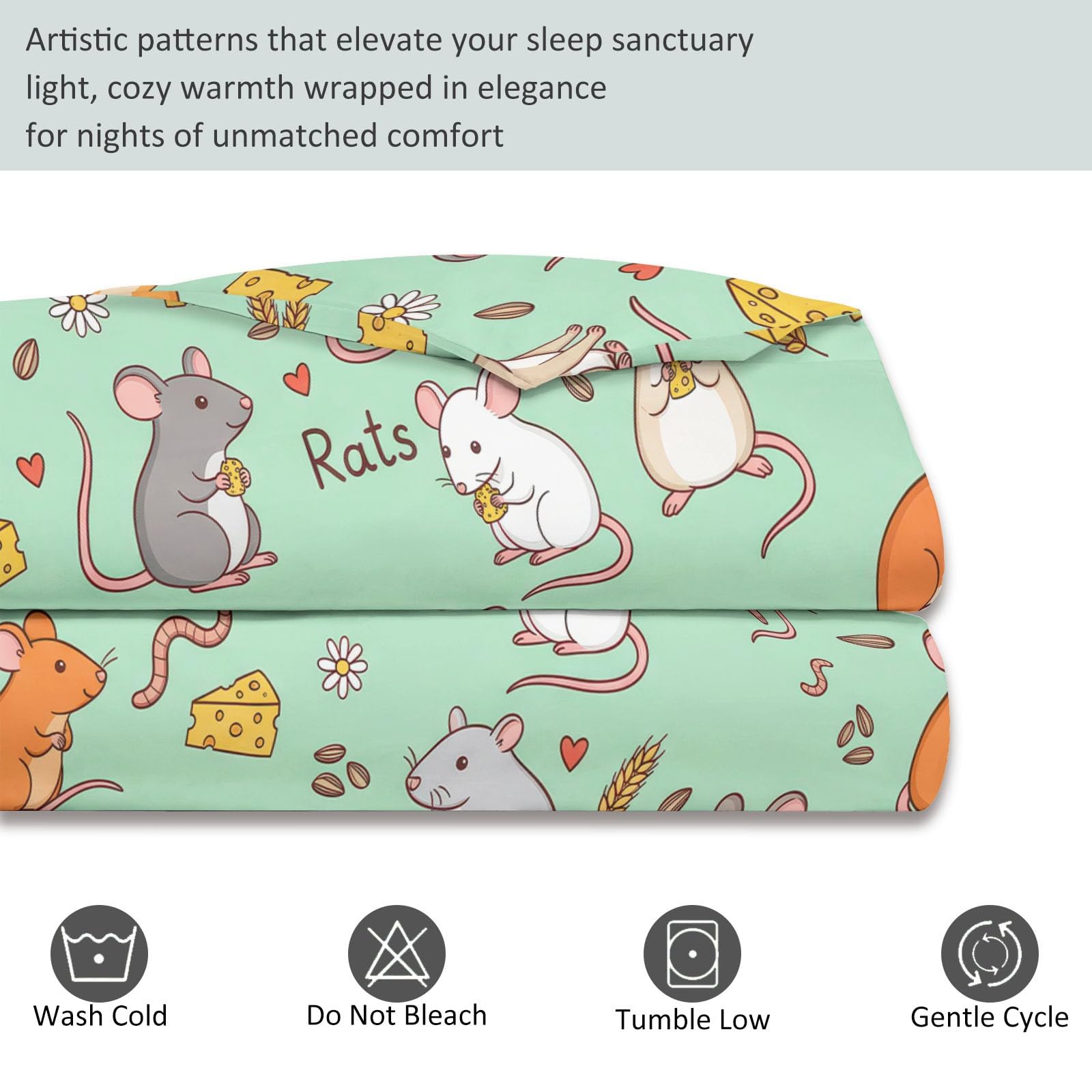 Biancheria da letto, motivo: formaggio, fiori, animali, topo, illustrazione
