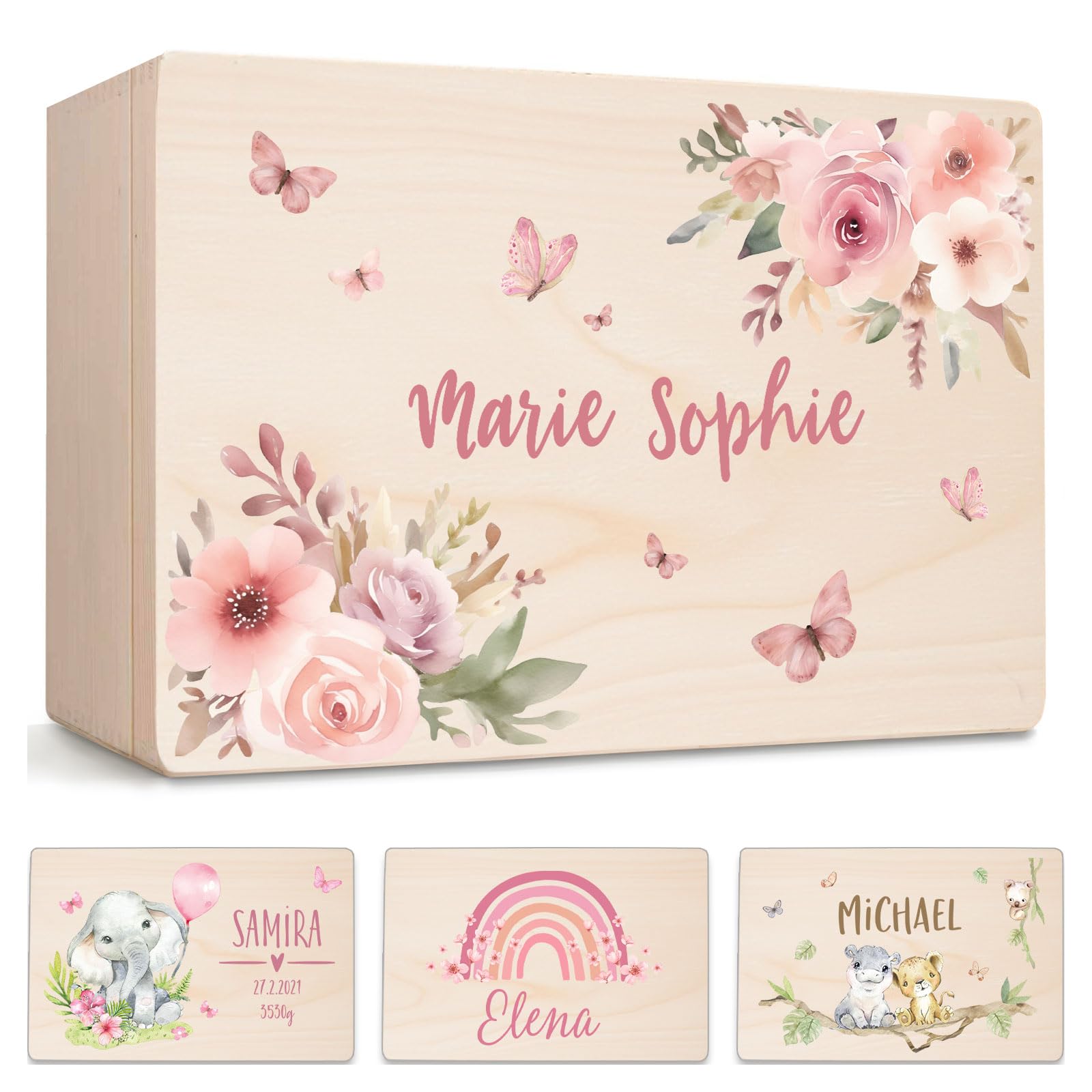 Little Deco Baby Erinnerungsbox personalisierte Holzkiste, Aufbewahrungsbox mit Namen, Blumen Schmetterlinge, Geschenk zur Geburt & Taufe, Geburtstag für Mädchen XHL1148-1-L