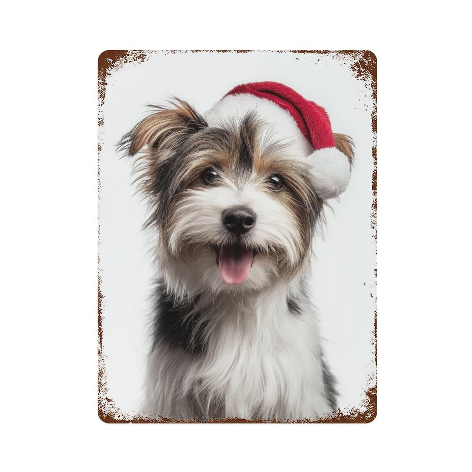 Vintage Rust Metal Sign with Cute Biewer Terrier Dog with Santa Hat Design 15.7"x11.8", for Garage, Bar And Workshop Decor, Retro Wall Decor