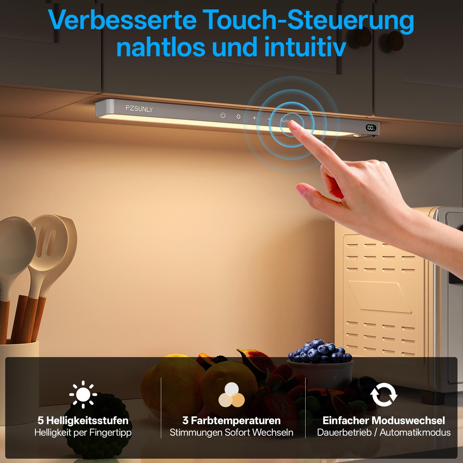 Unterbauleuchte Küche LED mit Batterieanzeige, Touch Dimmbar | 2200mAh Schrankbeleuchtung mit Bewegungssensor und Fernbedienung, 3 Farbtemperaturen, 3 Betriebsmodi, 5 Stück, Dunkelgrau