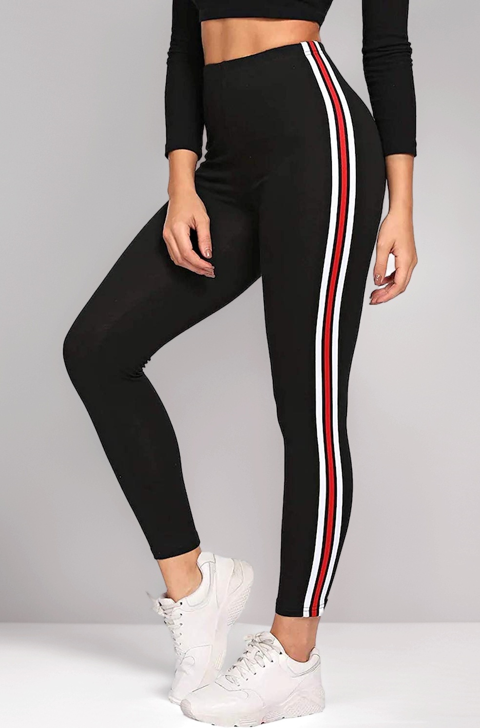 Women's Stretchable Thick Spandex Rib Cotton Fabricating Regular Fit Sports and Fitness All Purpose Side Striped Ankle Length Leggings Tights (Black , Free Size 28-34 Inch)