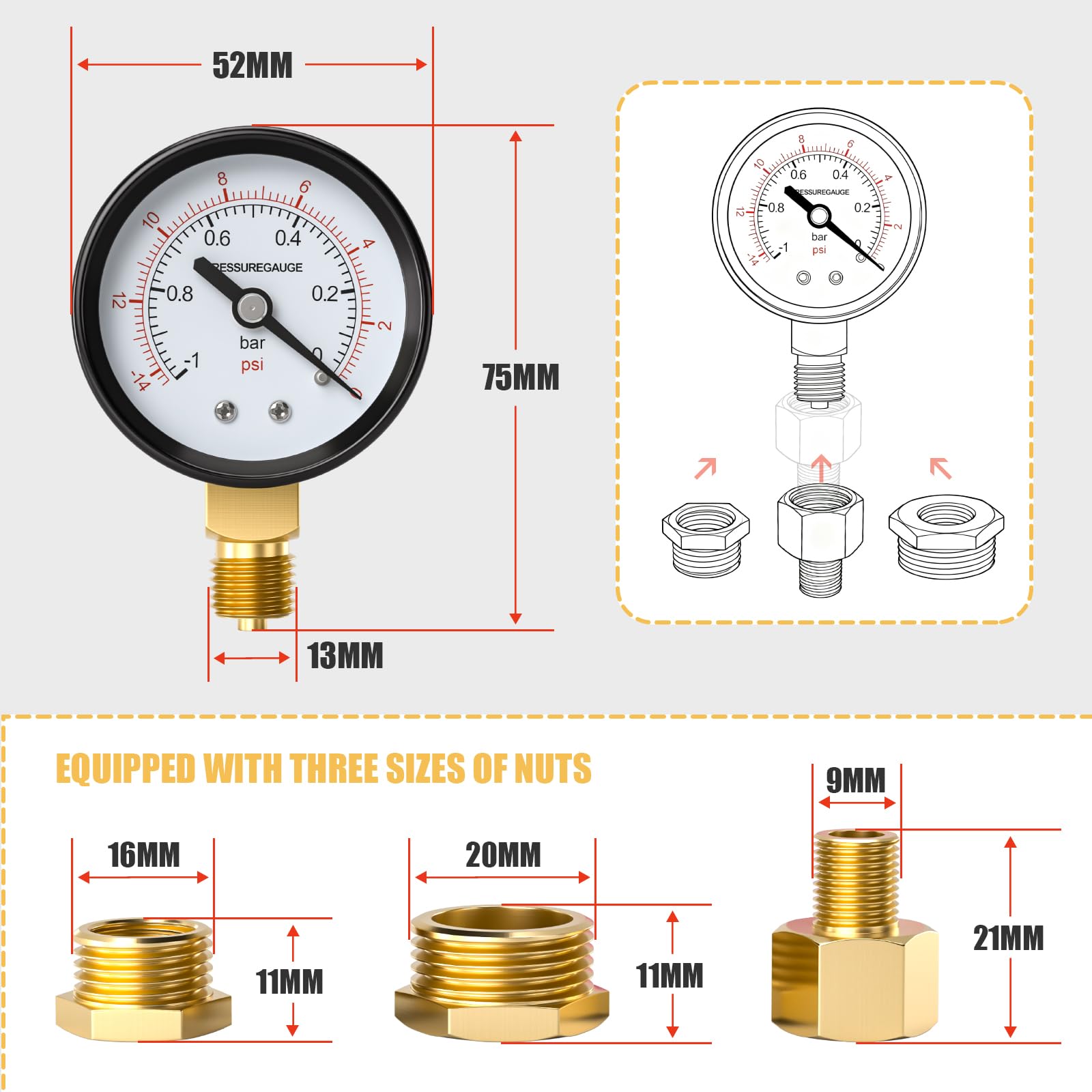 1 Pz 50mm Manometro per vuoto BSP 1/4“ -1~0 Bar -14~0 Psi con 2 pezzi boccola 1/4” a 3/8“, 1/4” a 1/2“ e 1 pezzo nipplo esagonale di riduzione 1/4” a 1/8”, un nastro di teflon, radiale