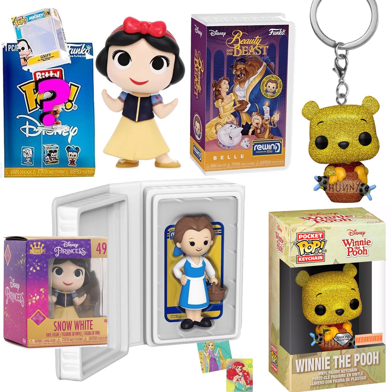 Enchanted Rewind Retro Princess Belle Exclusive Disney Figure Bundled with Beauty Beast VHS Package + Snow White & Winnie Pooh Diamond + Magical Bitty Mini Pop! 4-Items