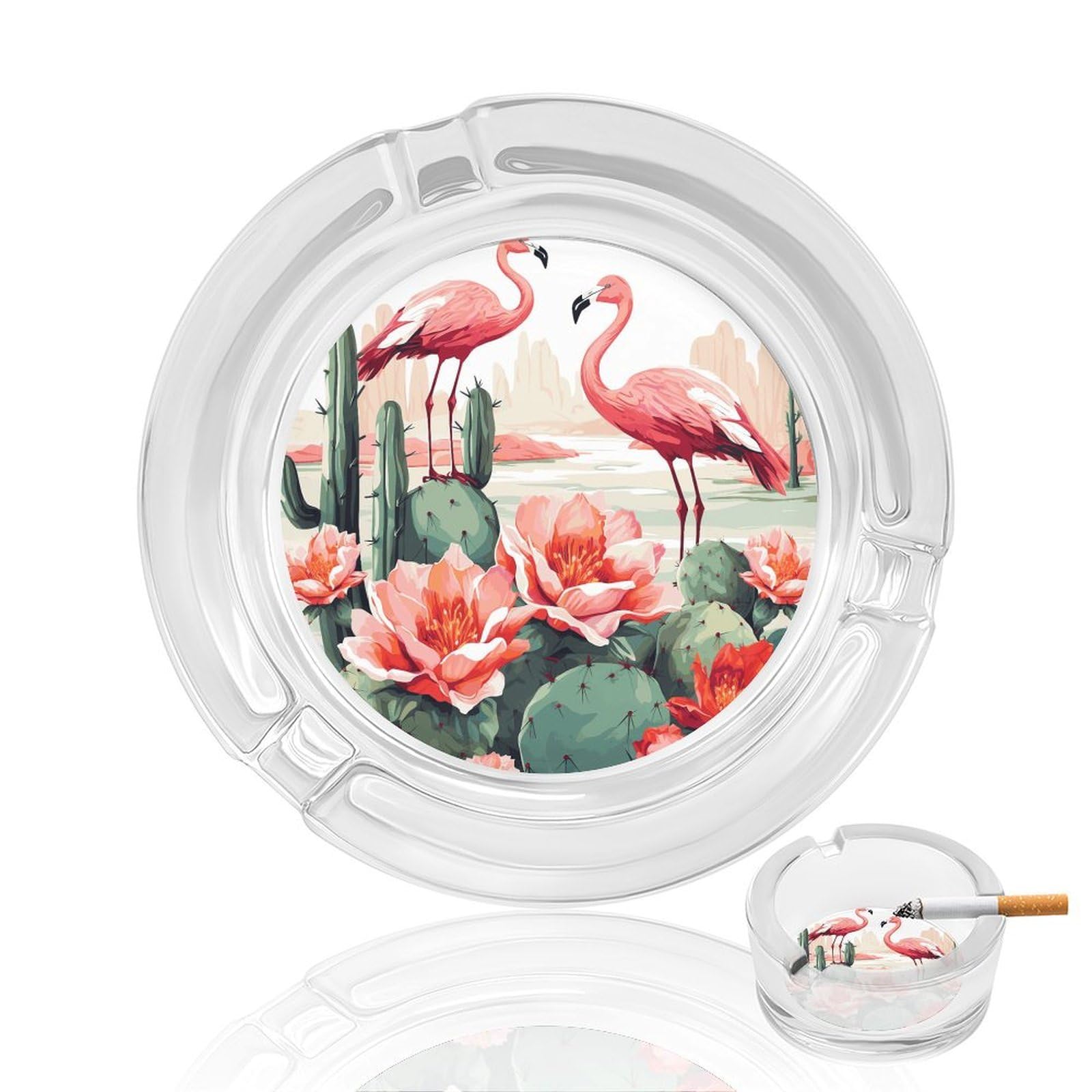 Cactus Flamingo Rose Flowers Ashtray Cigar Cigarette Rest Glass Outdoor Cigar Ashtrays with 3 Grooves Travel Cigar Ashtrays Fancy Cute Cool Ash Tray for Smokers Tabletop