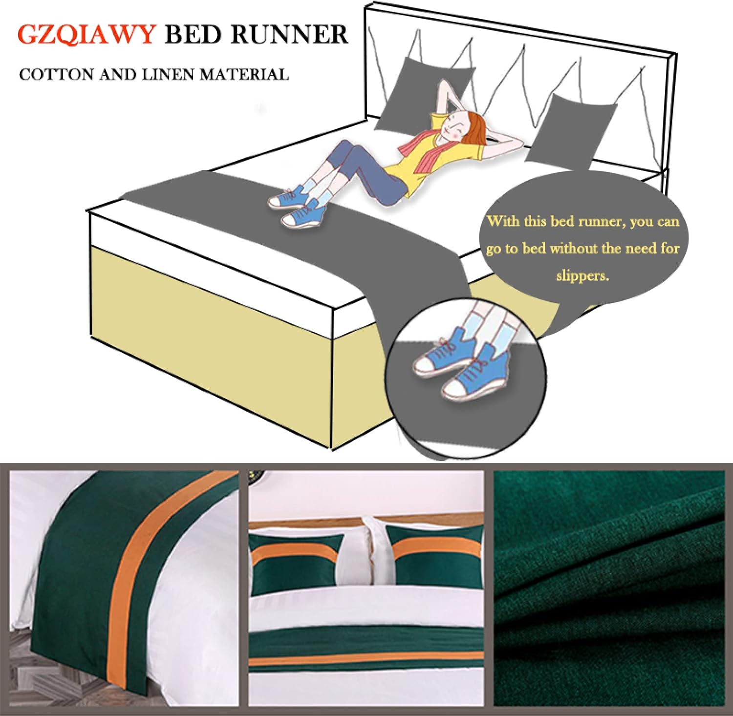 Bed Runner, Design Geometric Streaks, Decorative Accent Bedding Scarf for Hotels Homes and Guestrooms,Green Orange,50 X 240cm (Bed Scarf Only)