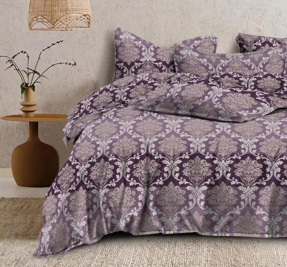 Image of DECOR2ADMIRE Super King Size Premium Bedsheet 108 x 108 Inches | 300 Thread Count | Glace Cotton | Floral & Geometric Printed Bed Linen with 2 Pillow Covers (Purple Royal Print)