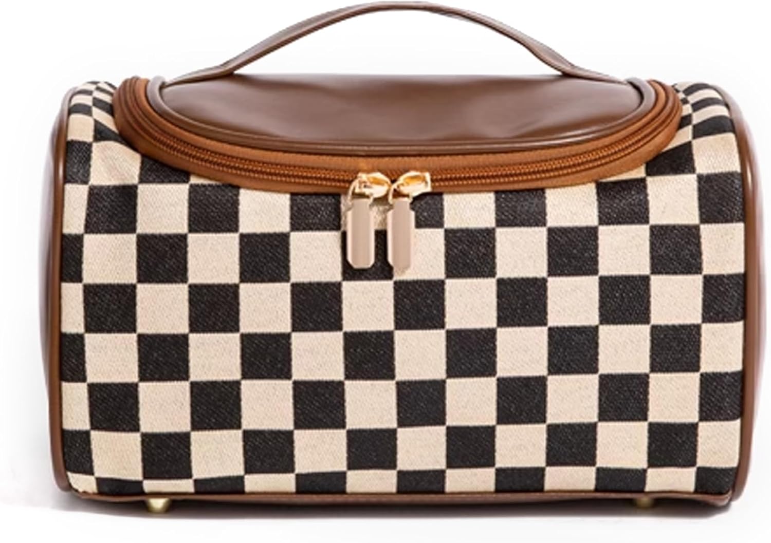 Vintage Makeup Bag for Women Portable Retro Checkered Pattern Cosmetic Organizer Patchwork Style Pillow Storage Pouch Skincare Storage Bag Large Capacity Elegant Handheld Waterproof Handbag (Brown)