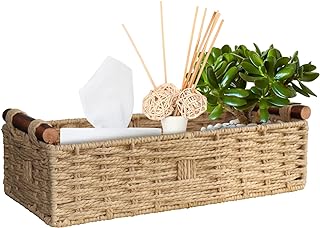 Round Paper Rope Storage Basket Wicker Baskets for Organizing with Handle Decorative Storage Bins for Countertop Toilet Paper Basket for Toilet Tank Top Small Baskets Set,Beige