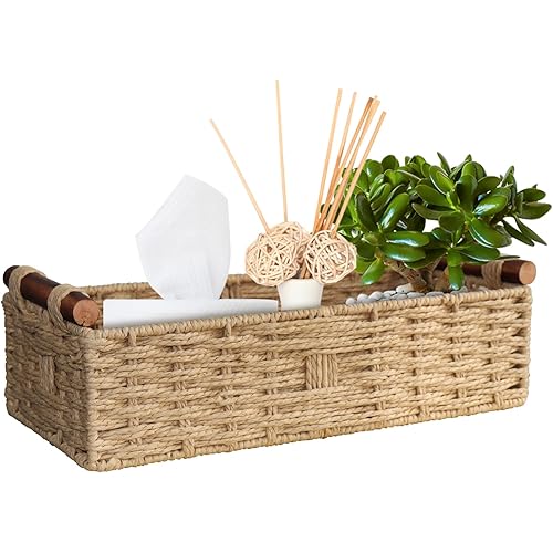 Round Paper Rope Storage Basket with Handle, Beige, 14.5in x 6.6in x 3.74in