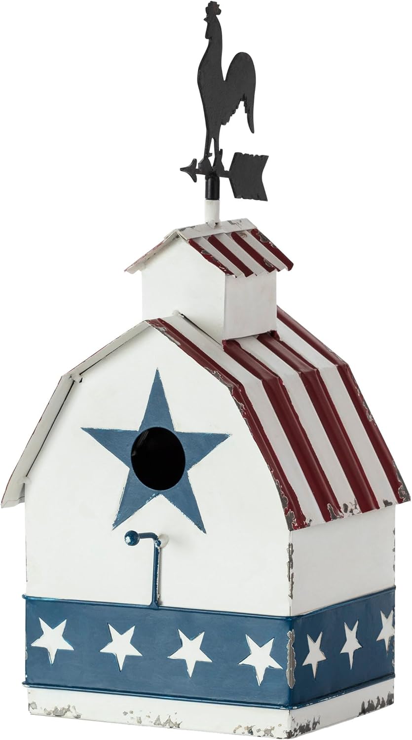 Alpine Corporation 18" Tall Outdoor Patriotic Rooster Vane Top Birdhouse and Perch, Multicolor