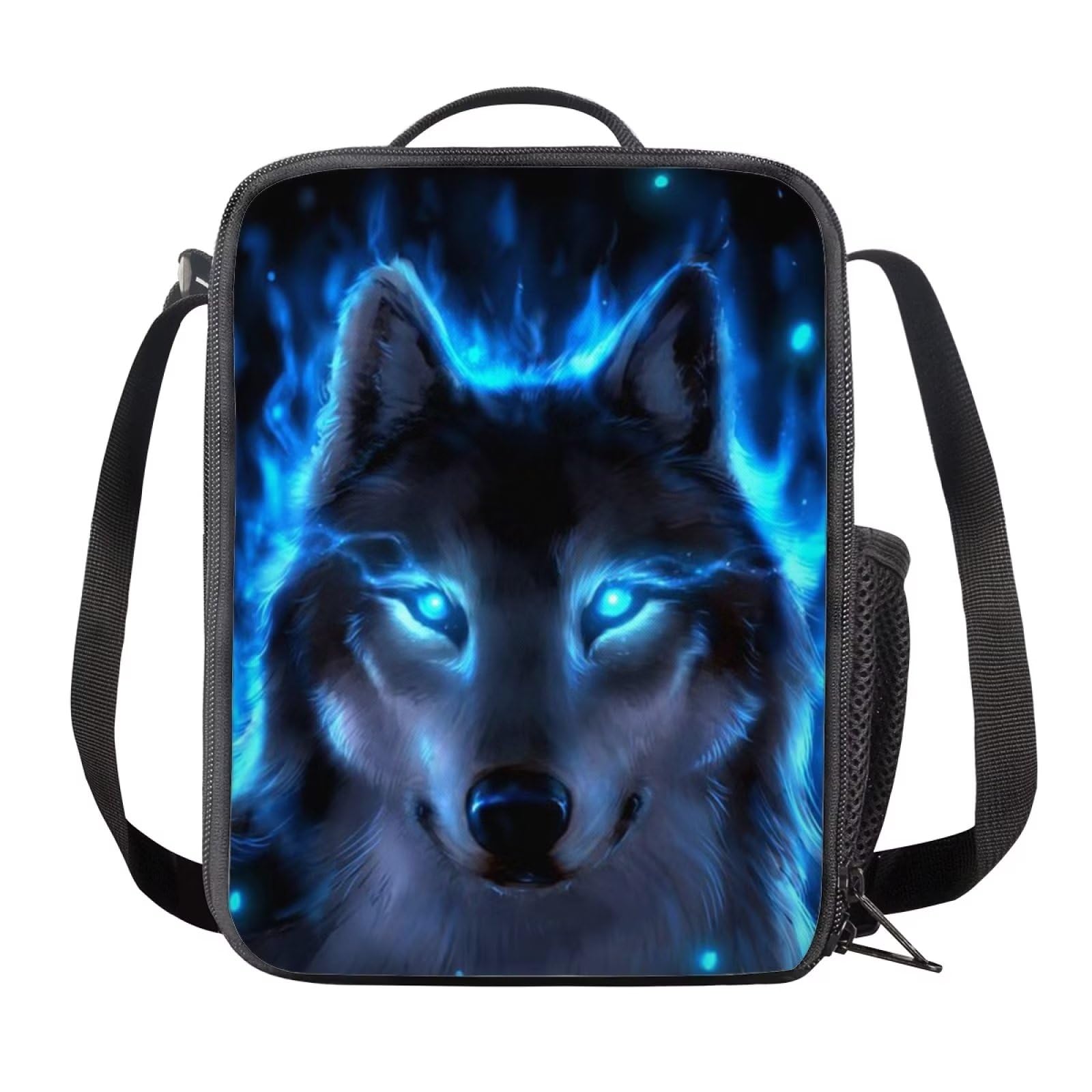 NETILGEN Crossbody Bags Lunchbag Handbag Thermal Tote Cooler Bags for School Picnic Outdoor Beach Fishing with Zipper Closure, Blue Flame Wolf — image 1