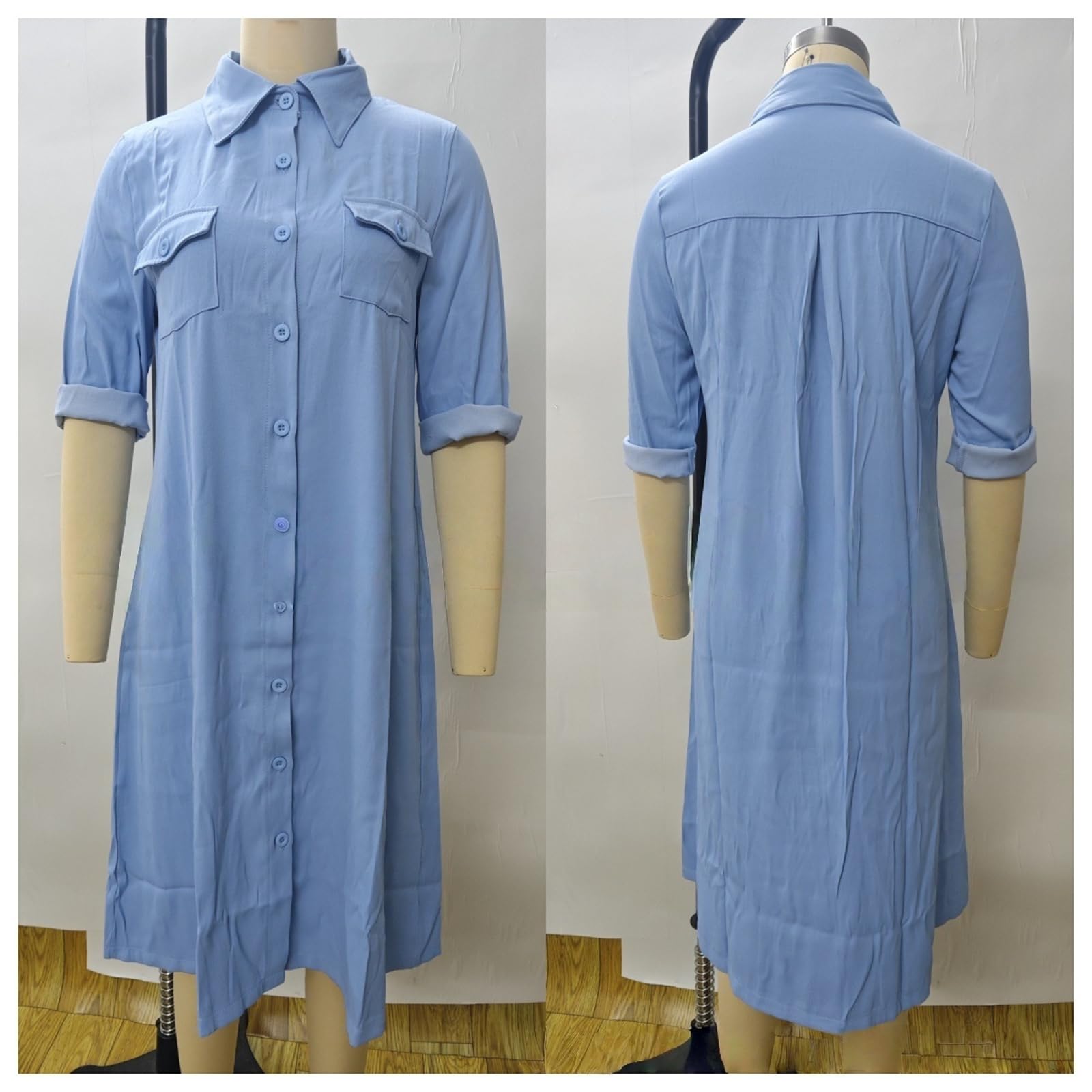 Generisch Sommerliches Jeanskleid mit kurzen Ärmeln, Business-Casual, Midi-Länge, Knopfleiste, Babydoll-Schnitt und Taschen