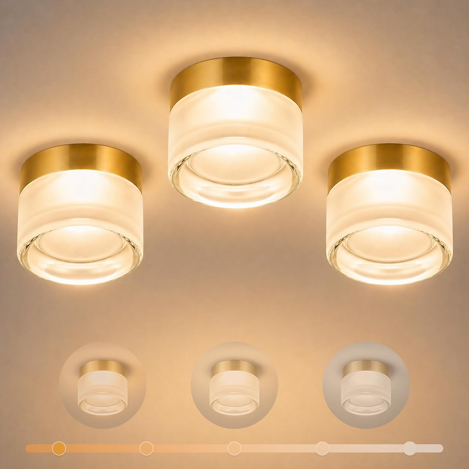 OKELI Modern Glass Ceiling Light Fixture 3-Pack, Gold Small LED wall Lighting for Hallway Entryway Kitchen, 15W 900LM 5CCT 2700K-5000K