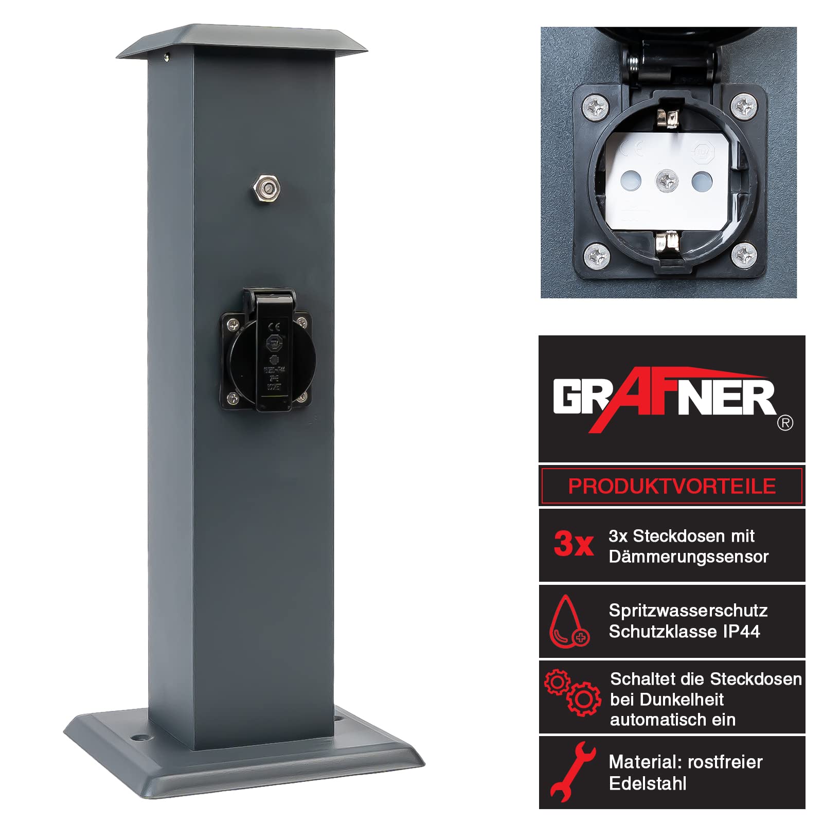 Grafner Edelstahl Design Gartensteckdose Dämmerungssensor, 3 Steckdosen, IP44, eckig, anthrazit, KEIN ROST – Pulverbeschichtung, Energiesäule Mehrfach Metall Außen Steckdose schwarz Helligkeitssensor