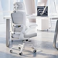 TRALT Ergonomic Mesh Office Chair with Adjustable Headrest & Lumbar Support, Flip-Up Armrests - Comfy Desk Chair for Home Office Gaming (White Leather)