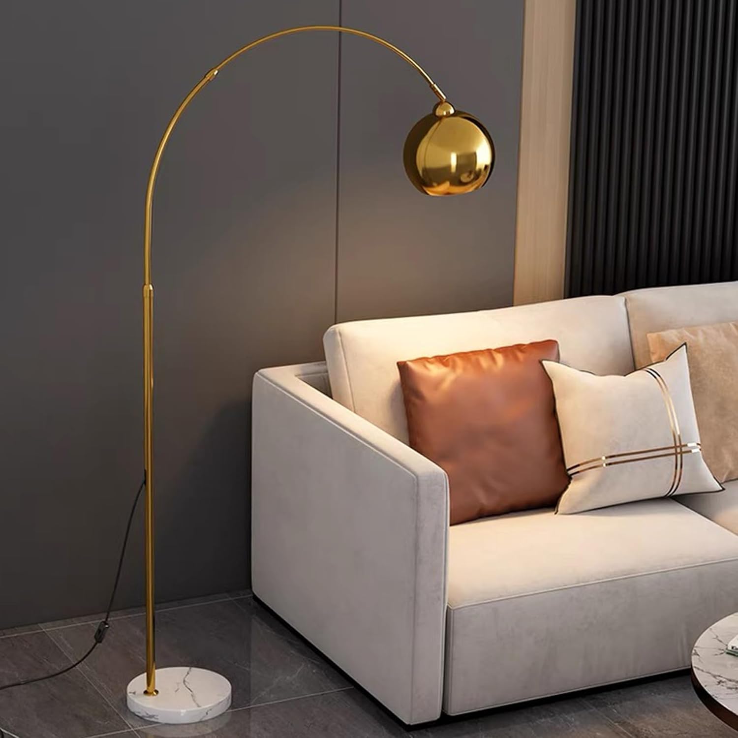 LightInTheBox Gold Modern Arc Floor Lamp, 70.9in Arc Floor Lamp with Inner Gold Metal Shade and White Marble Base, Arc Lamps Floor Standing with 5W Bulb, Over Couch Lamp for Living Room, Bedroom