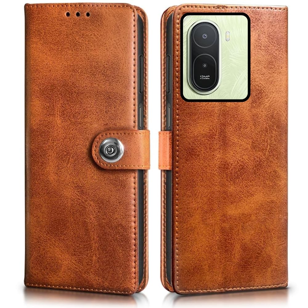 Leather Flip Case Cover Compatible with Back case Cover for Redmi A7 Pro 5G |Designer Button| Hand-Stitched Leather Finish| Lightweight| Inbuilt Card Pockets|(Brown)