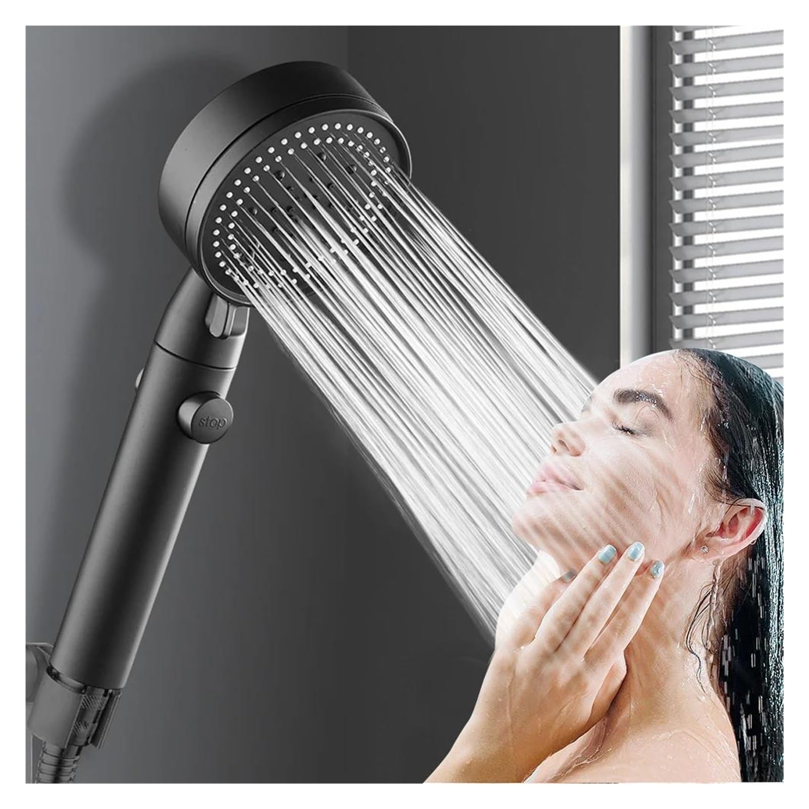 Soffione doccia ad alta pressione, 5 modalità regolabili con tubo flessibile, risparmio idrico, ugello con un pulsante di arresto(Silver and Hose)