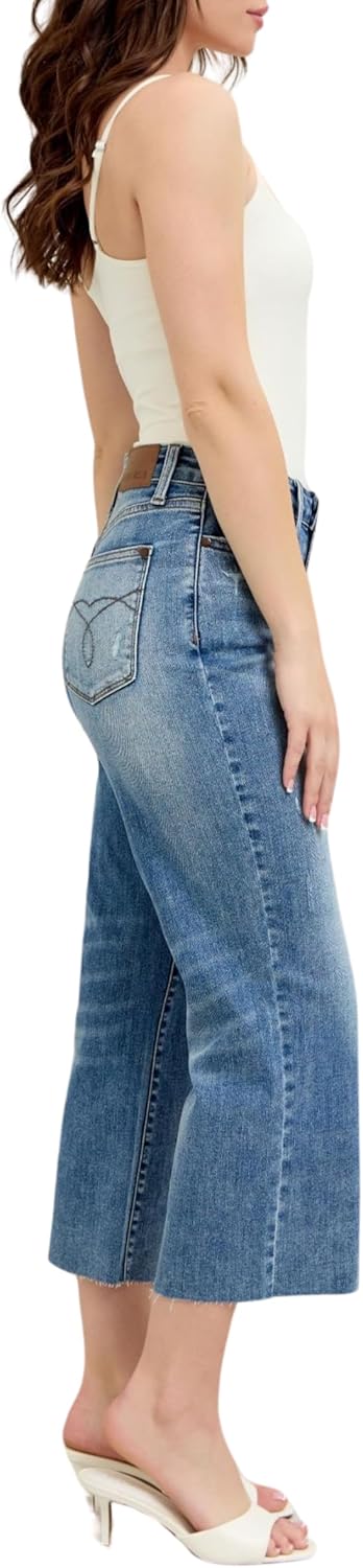 Judy Blue High Waist Back Pocket Embroidery Raw Cut Hem Crop Wide 88475 - Image 5