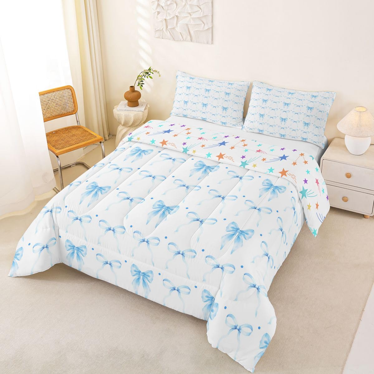 Homewish Jasnoniebieskie zestawy pościeli z kokardą - urocza niebieska muszka zestaw kołdry preppy kawaii kokardki zestaw kołdry - estetyczna kołdra bez pokrowca