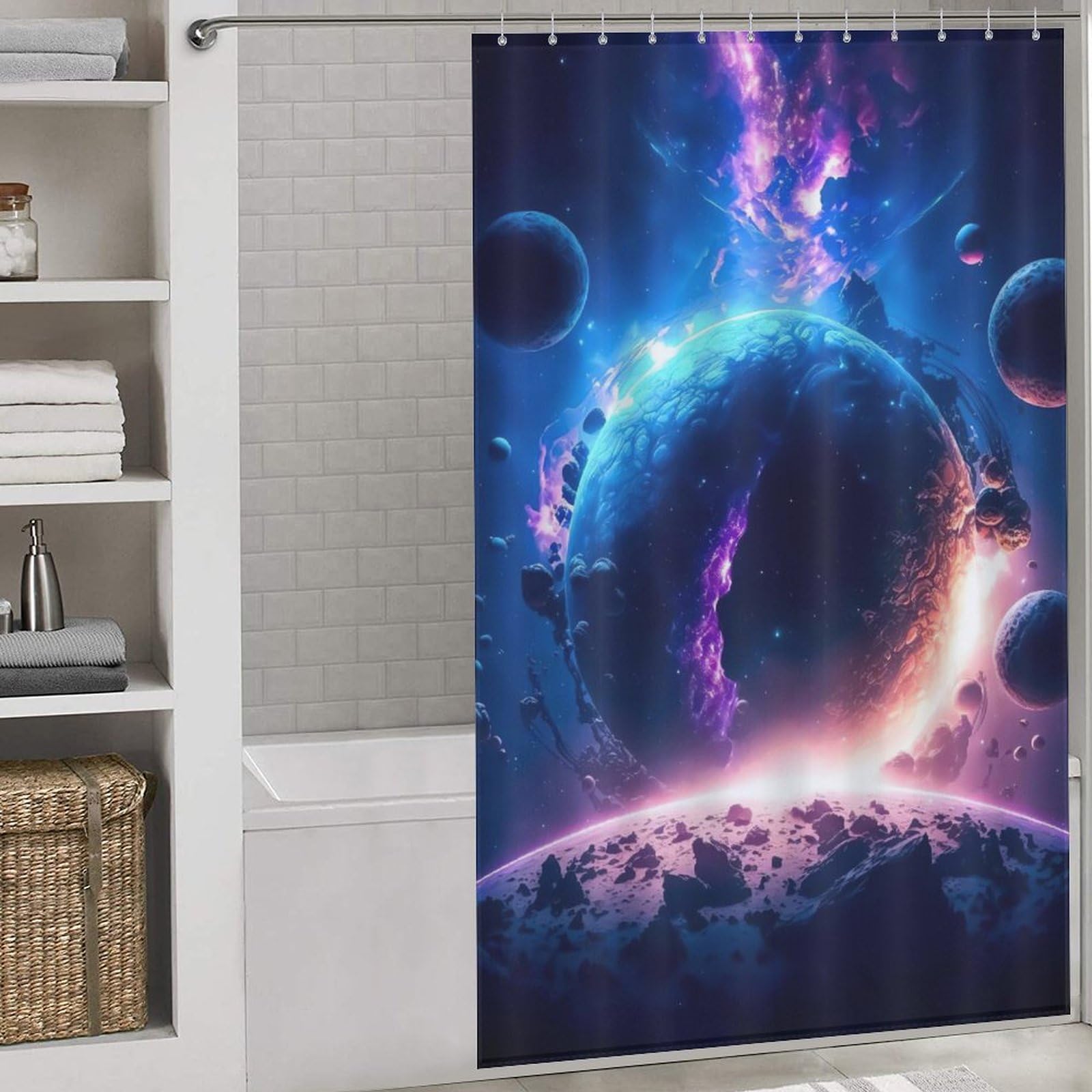 Rideau de douche planète ciel étoilé en tissu lavable 140x183cm