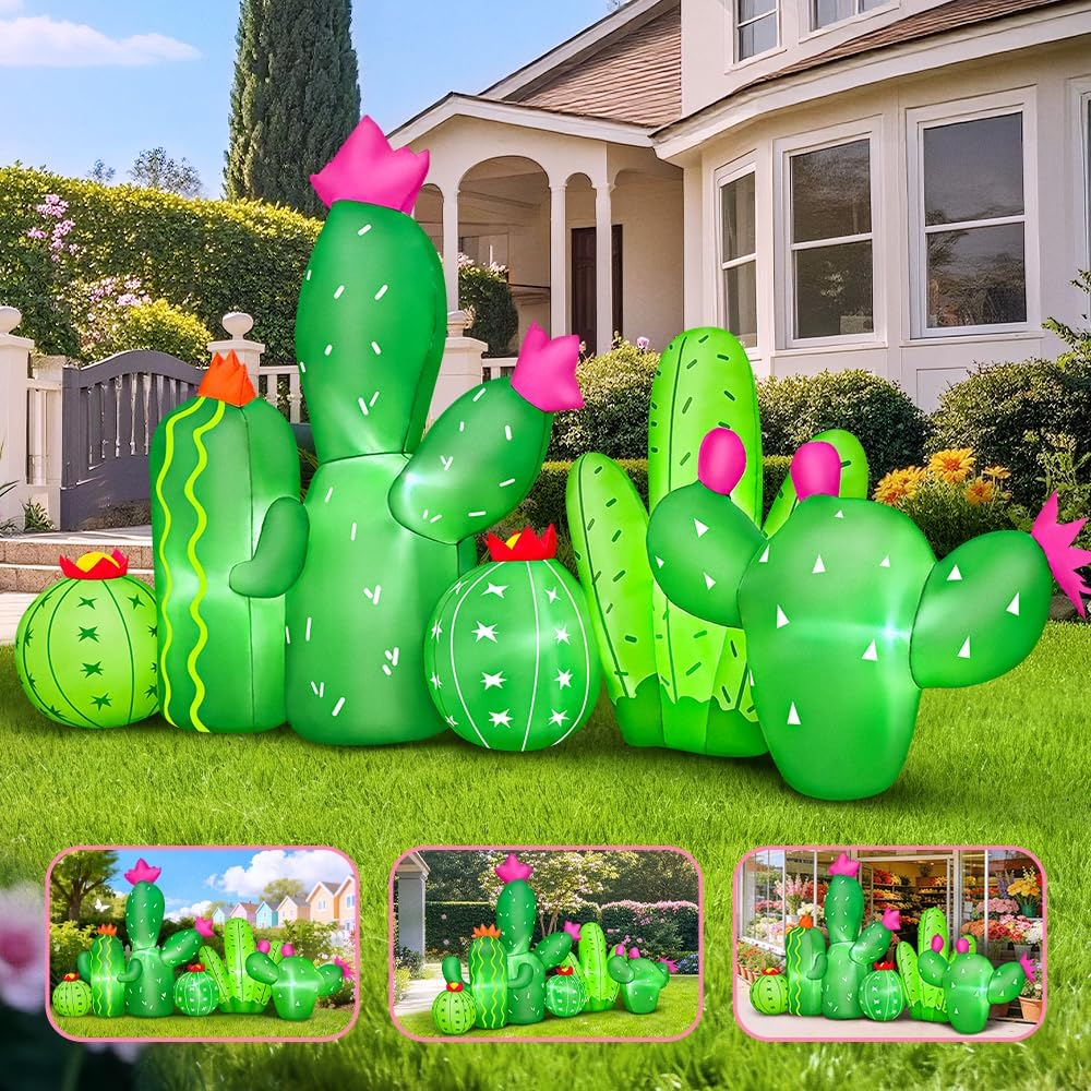 KOOY 7 FT Spring Easter Inflatable Cactus Outdoor Decoration, Inflatable Cactus Blow Up Yard Decor, Built-in LED Lights for Spring Summer Easter Yard Garden Lawn Party - Image 3